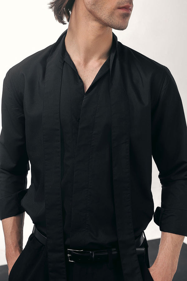 Black Flowing Shirt With Tie Detail