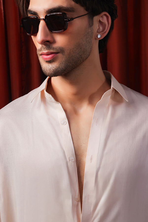 Peach Relaxed Linen Shirt With Cutaway Collar