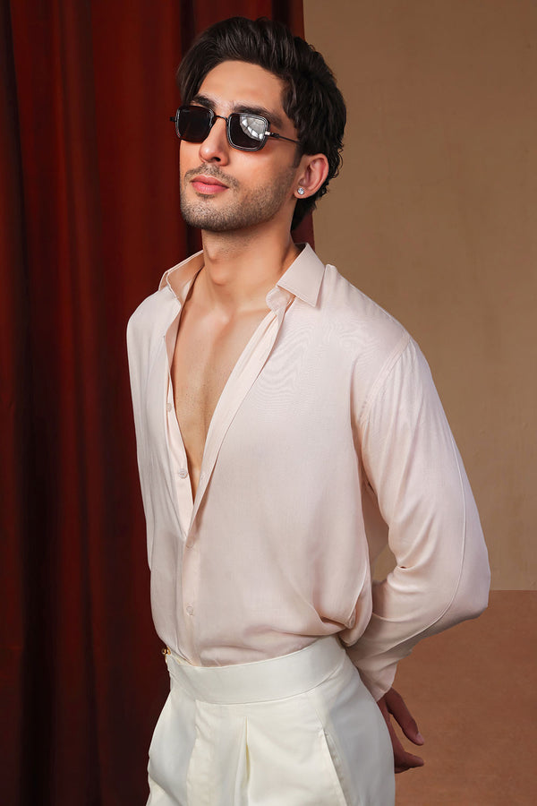 Peach Relaxed Linen Shirt With Cutaway Collar