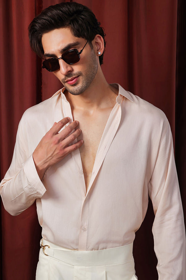 Peach Relaxed Linen Shirt With Cutaway Collar