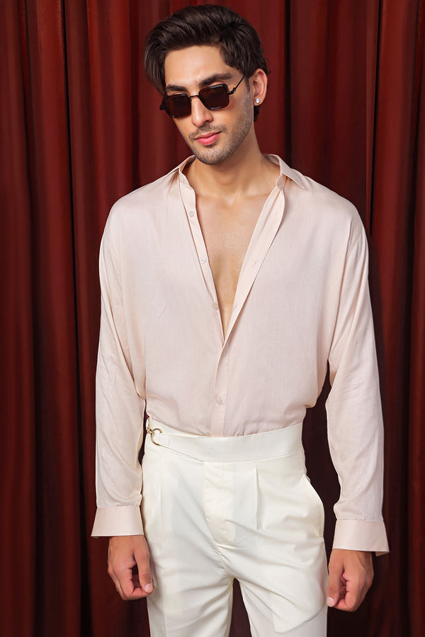 Peach Relaxed Linen Shirt With Cutaway Collar