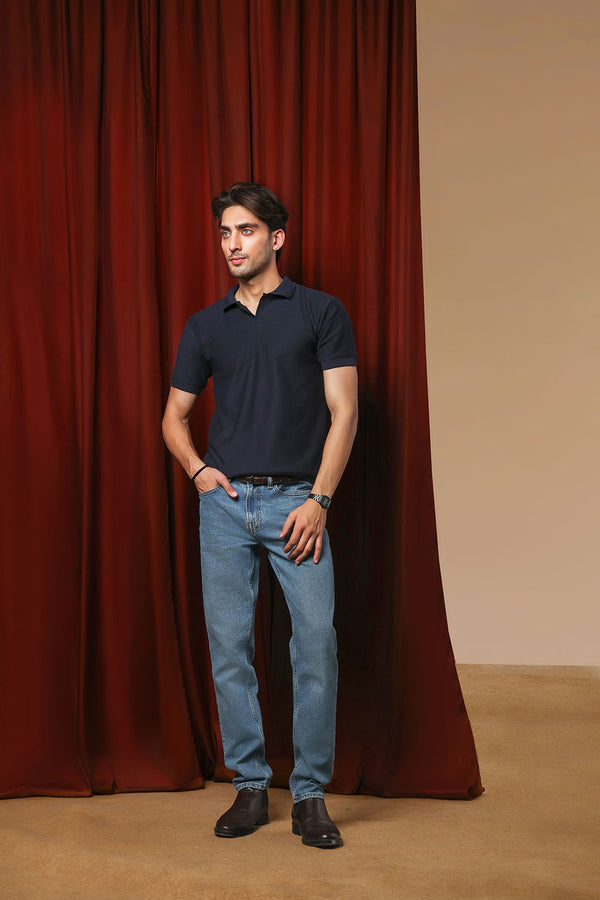 Navy Blue Plisse Johnny Collar Polo