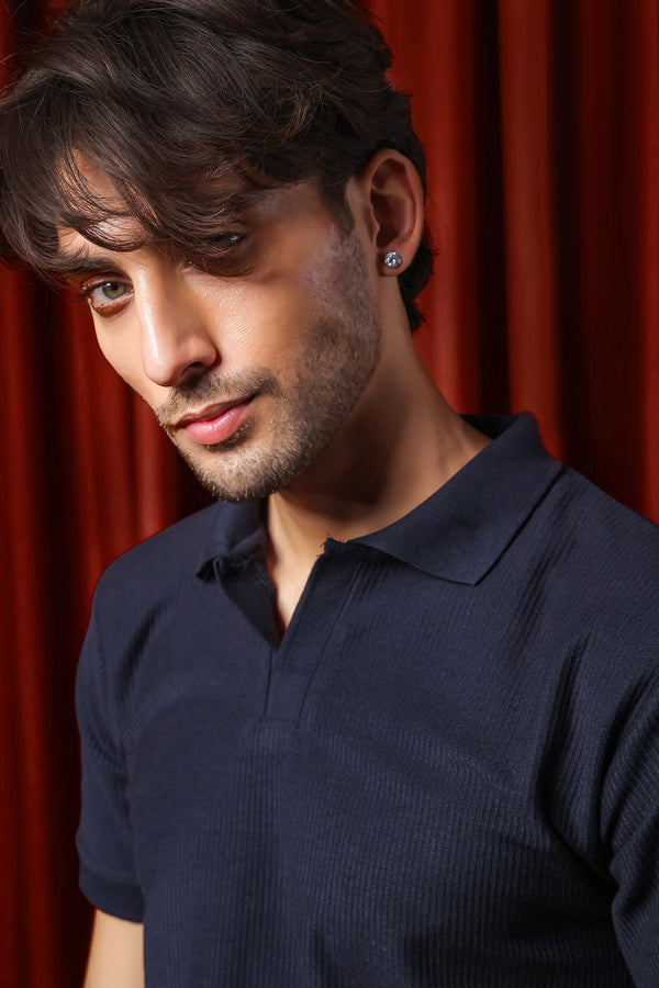 Navy Blue Plisse Johnny Collar Polo