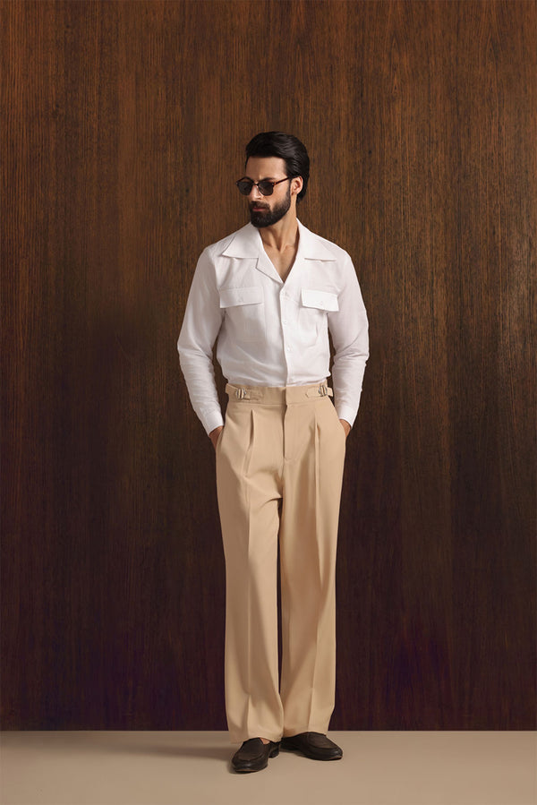 Beige Viscose Lux Wide-Leg Trouser with Front Buckle