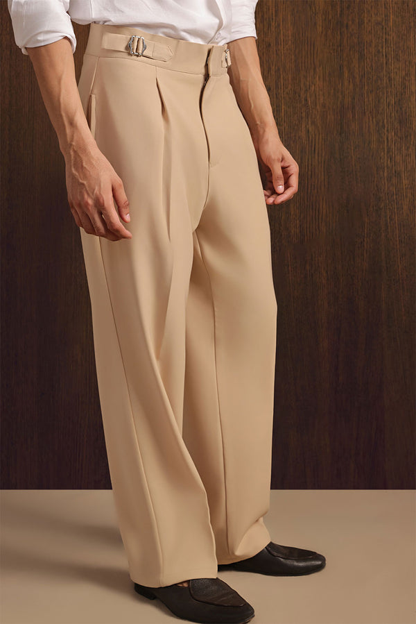 Beige Viscose Lux Wide-Leg Trouser with Front Buckle