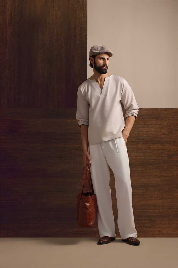 Light Beige Notched Neck Casual Linen Shirt