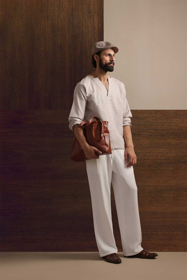 Light Beige Notched Neck Casual Linen Shirt