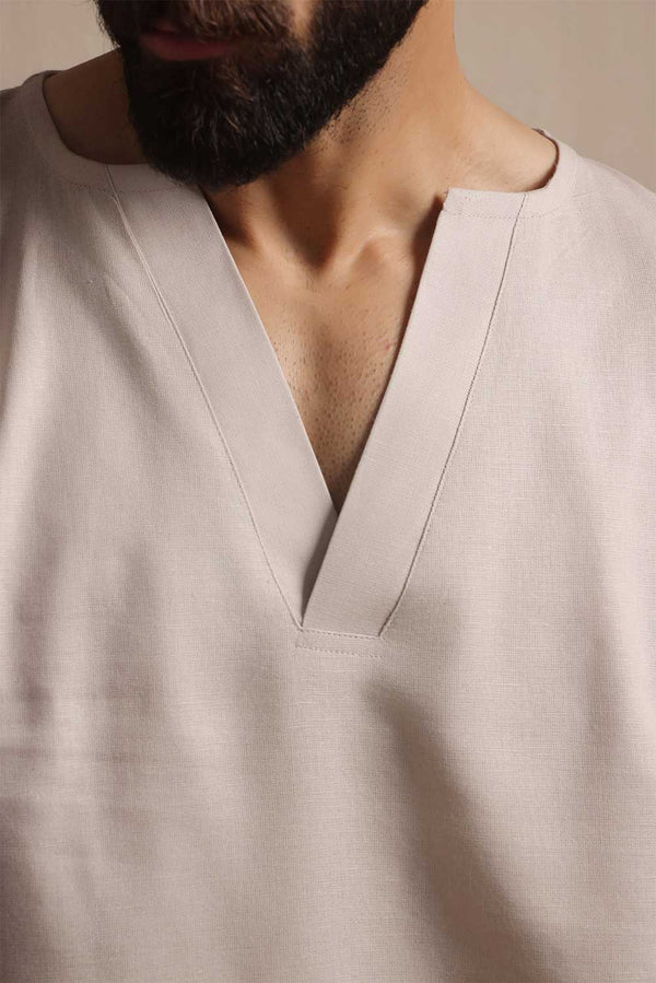 Light Beige Notched Neck Casual Linen Shirt