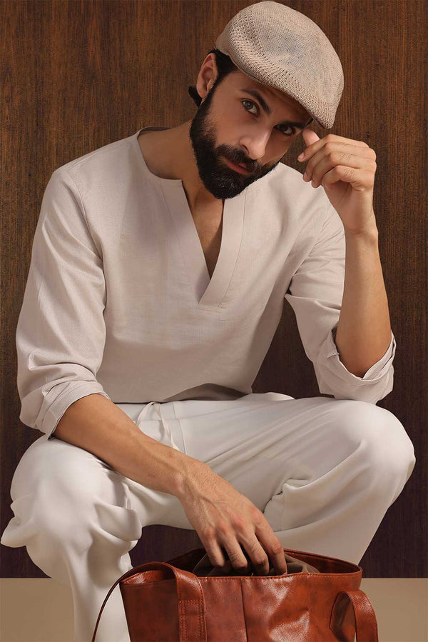 Light Beige Notched Neck Casual Linen Shirt