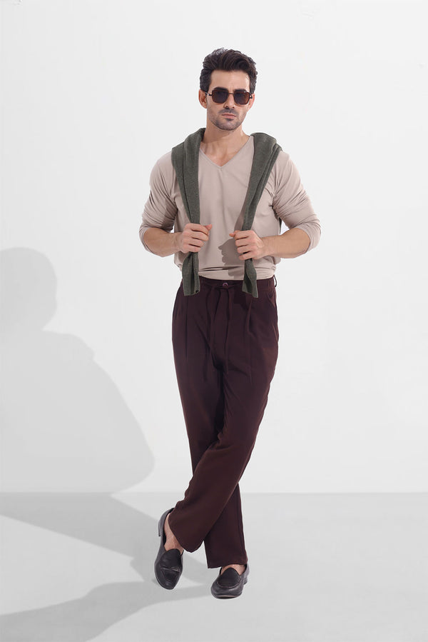 Brown Elasticated Straight-Leg Trousers
