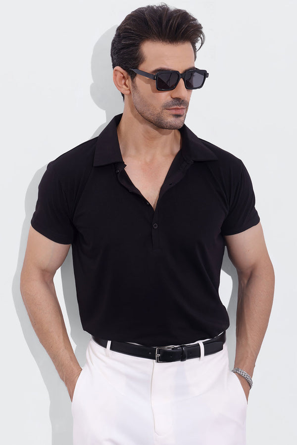 Black Jersey Long Placket Polo