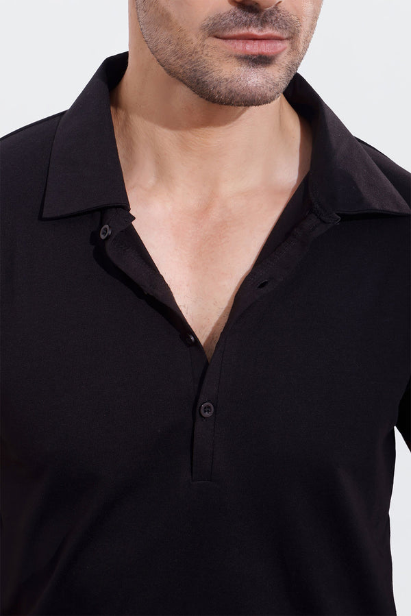 Black Jersey Long Placket Polo