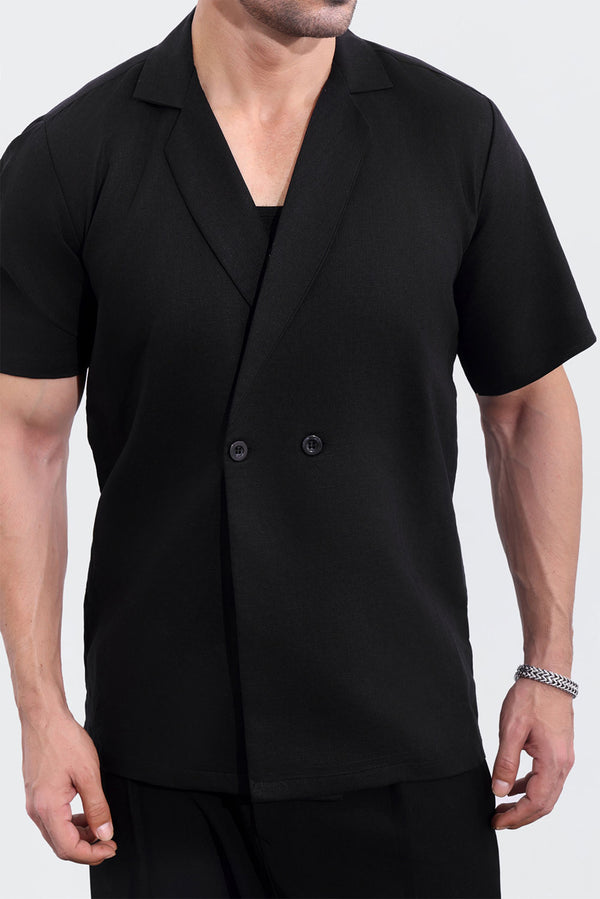 Black Linen Short Sleeve Double Breasted shirt