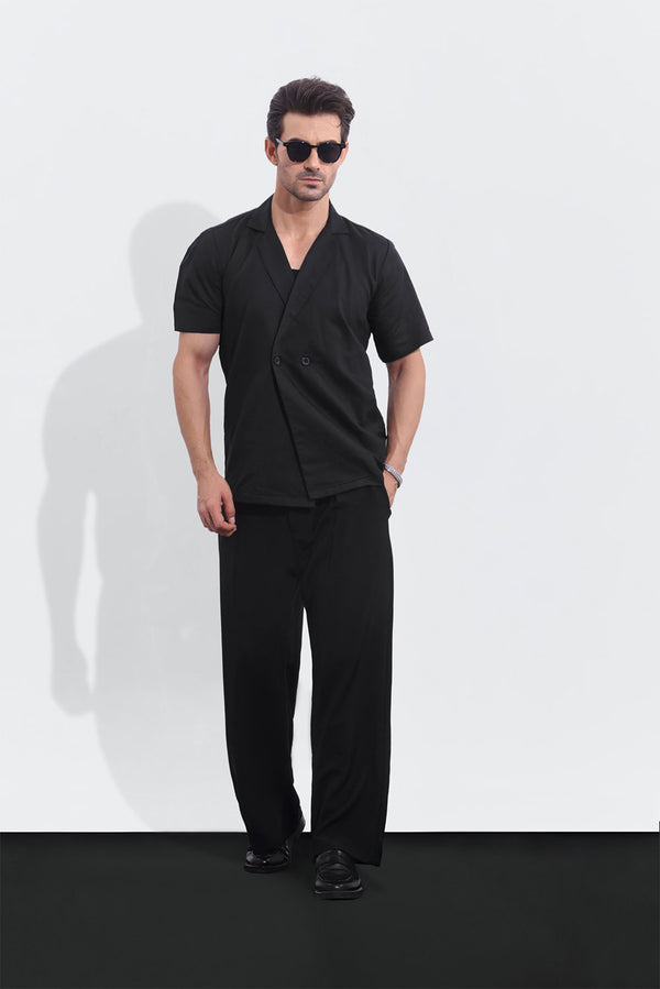 Black Linen Short Sleeve Double Breasted shirt