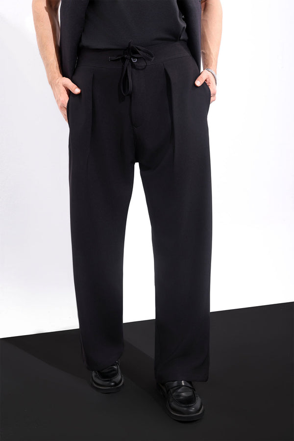 Black Elasticated Wide-Leg Trousers