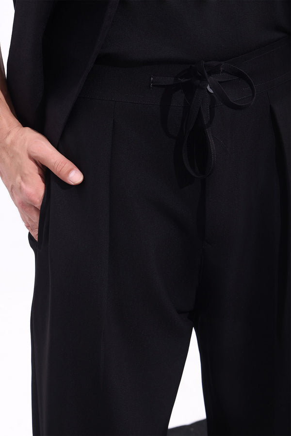 Black Elasticated Wide-Leg Trousers