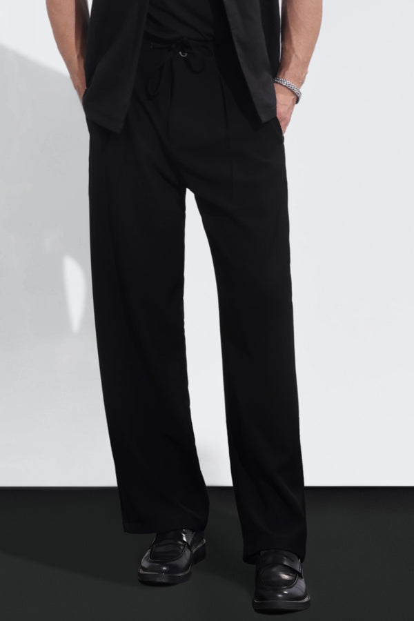 Black Elasticated Wide-Leg Trousers