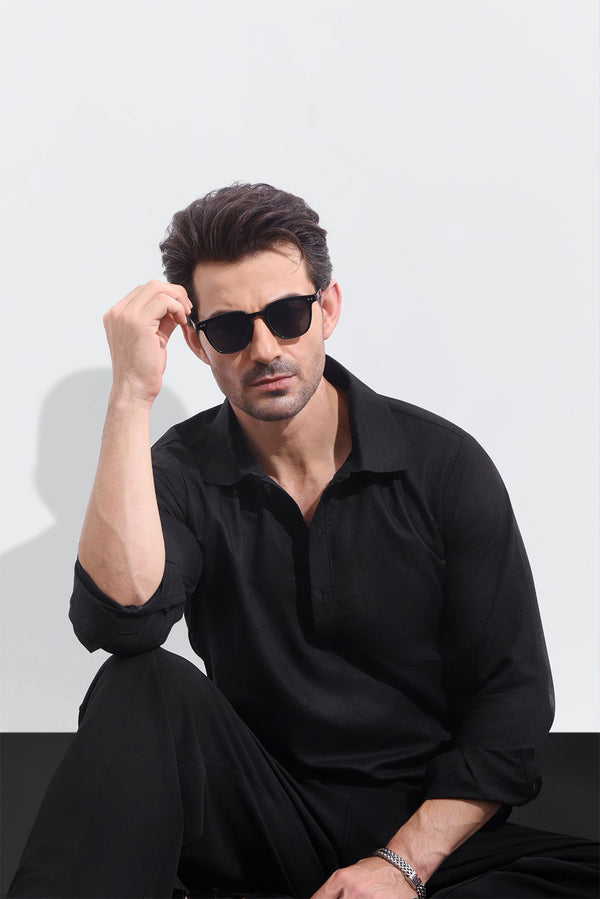 Black Linen Half Placket Shirt