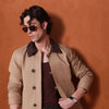 Beige Canvas Jacket With Brown Collar Detail