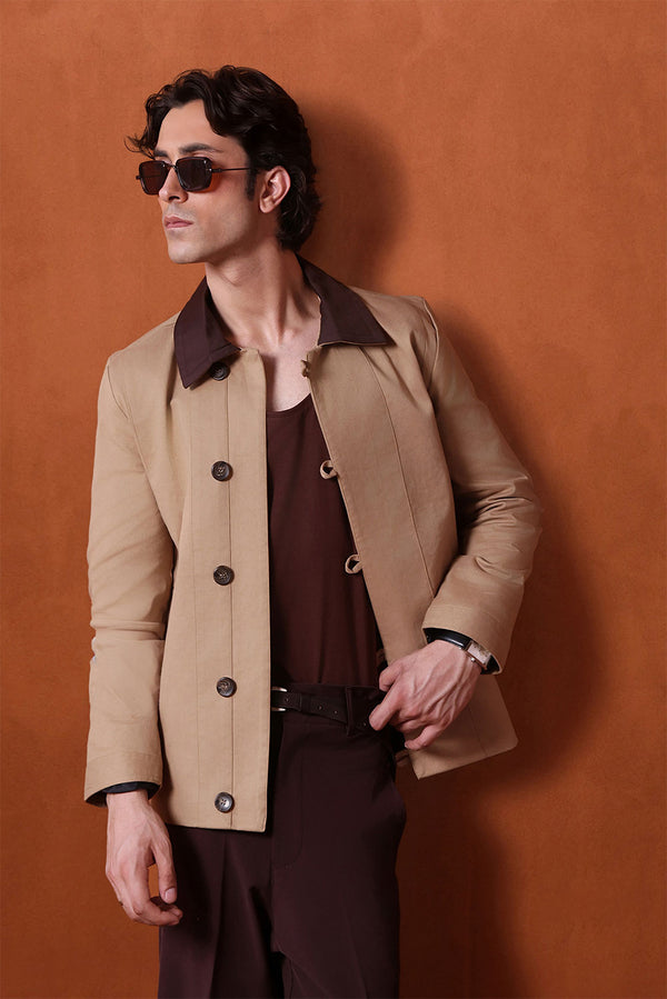 Beige Canvas Jacket With Brown Collar Detail