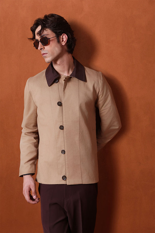 Beige Canvas Jacket With Brown Collar Detail
