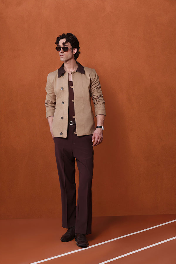 Beige Canvas Jacket With Brown Collar Detail