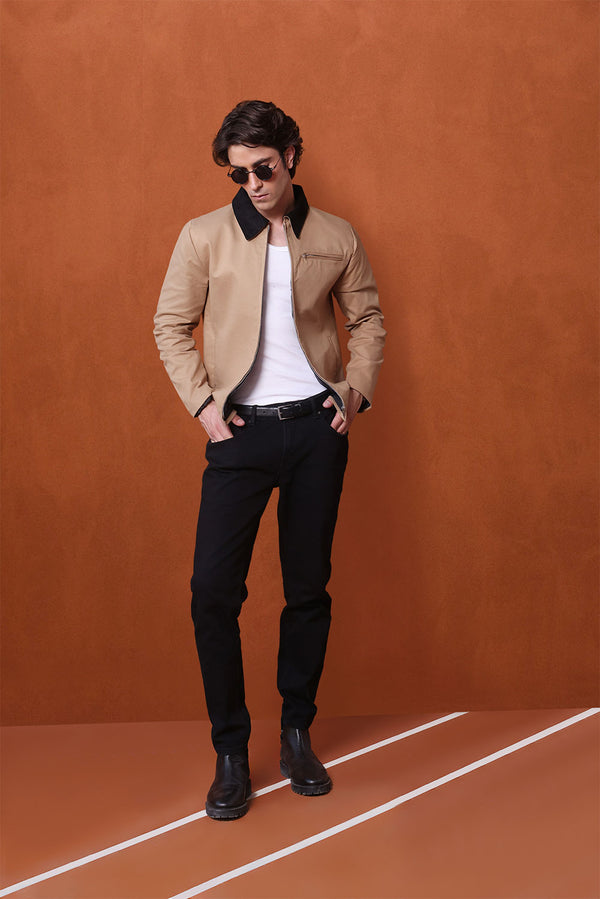 Beige Canvas Jacket With Black Suede Collar Detail