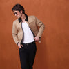Beige Canvas Jacket With Black Suede Collar Detail