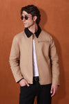 Beige Canvas Jacket With Black Suede Collar Detail