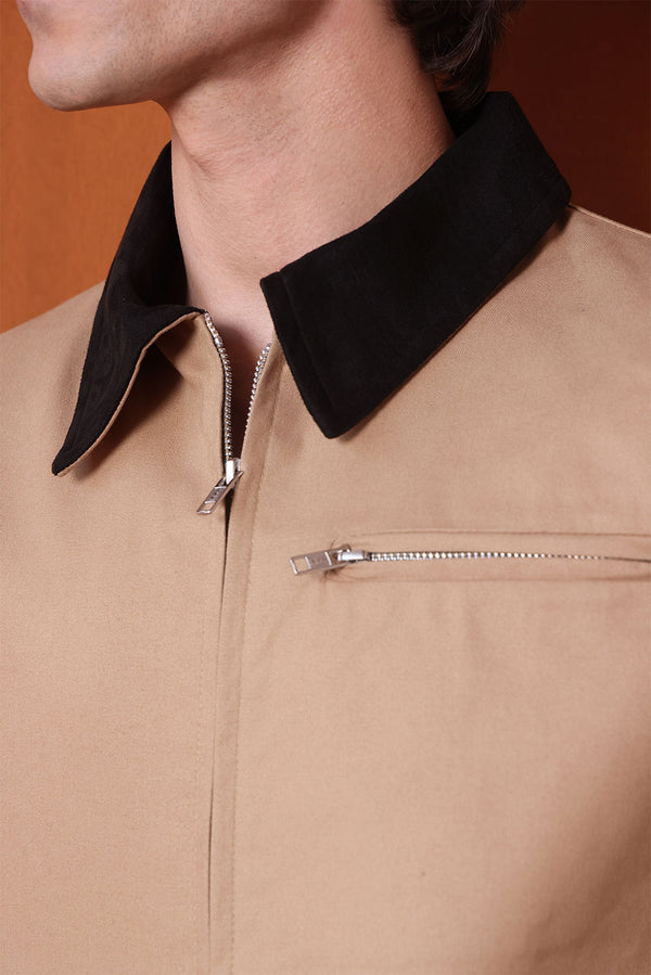 Beige Canvas Jacket With Black Suede Collar Detail