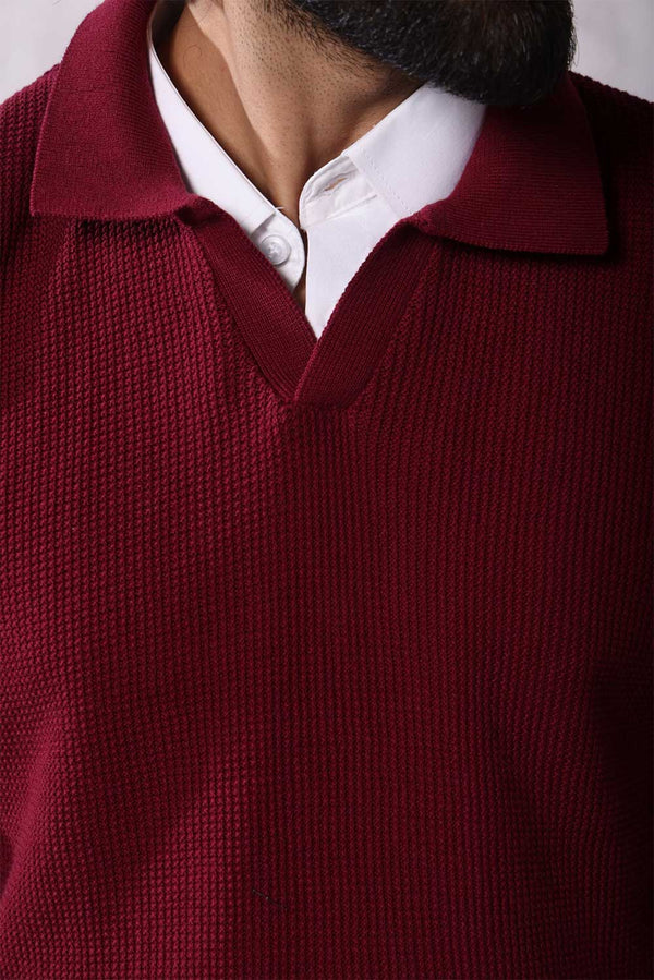Maroon Textured Knit Polo
