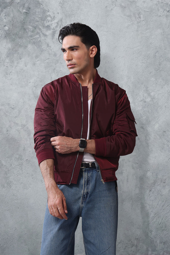 Burgundy Nylon Bomber Jacket