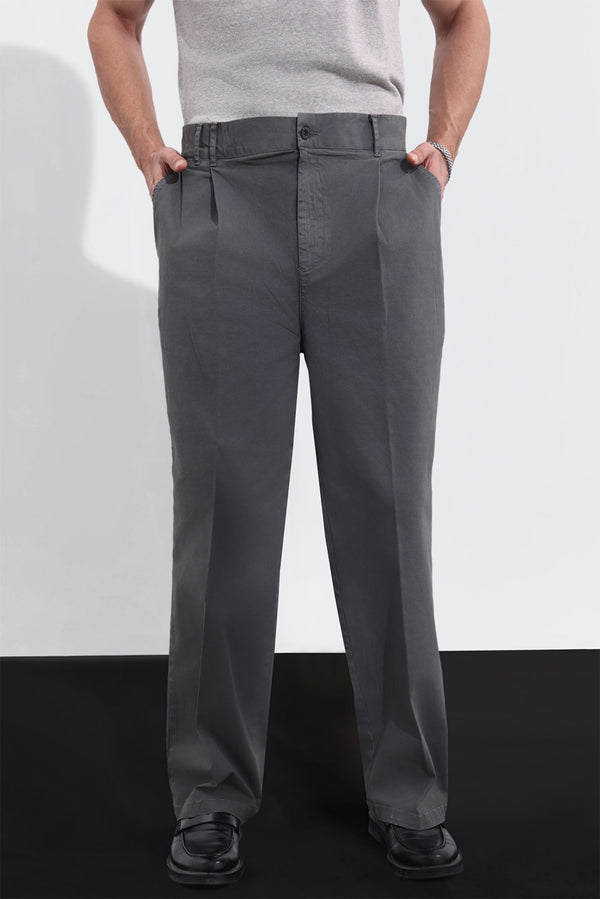 Grey Wide Leg Pleated Chinos