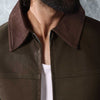 Khaki Canvas Jacket With Brown Suede Collar Detail