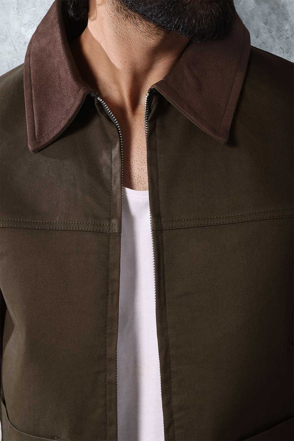 Khaki Canvas Jacket With Brown Suede Collar Detail