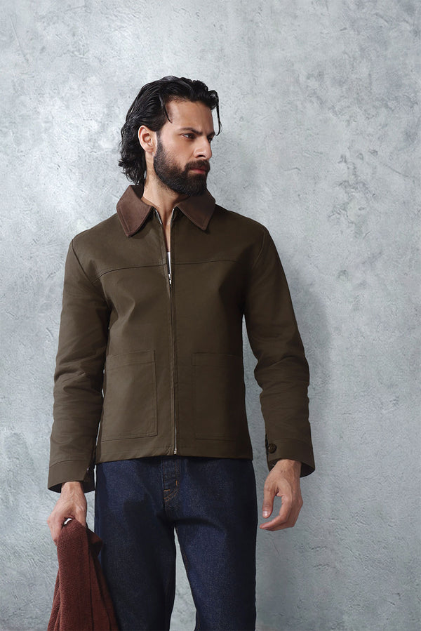 Khaki Canvas Jacket With Brown Suede Collar Detail