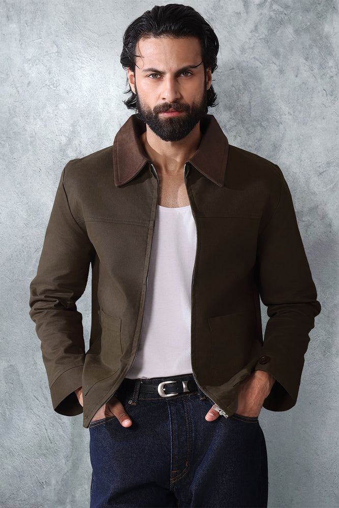 Khaki Canvas Jacket With Brown Suede Collar Detail