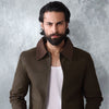 Khaki Canvas Jacket With Brown Suede Collar Detail