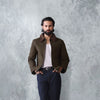 Khaki Canvas Jacket With Brown Suede Collar Detail