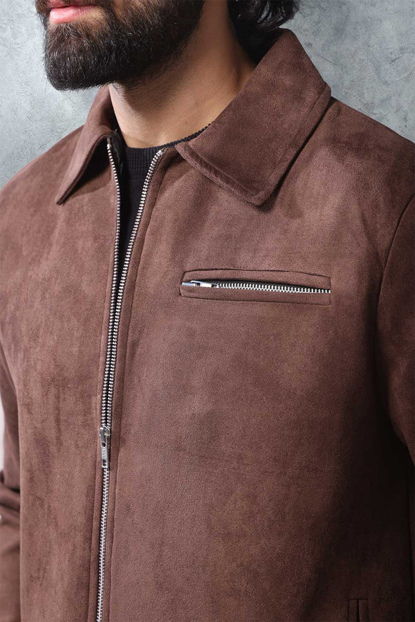 Brown Suede Zip Through Collared Shacket