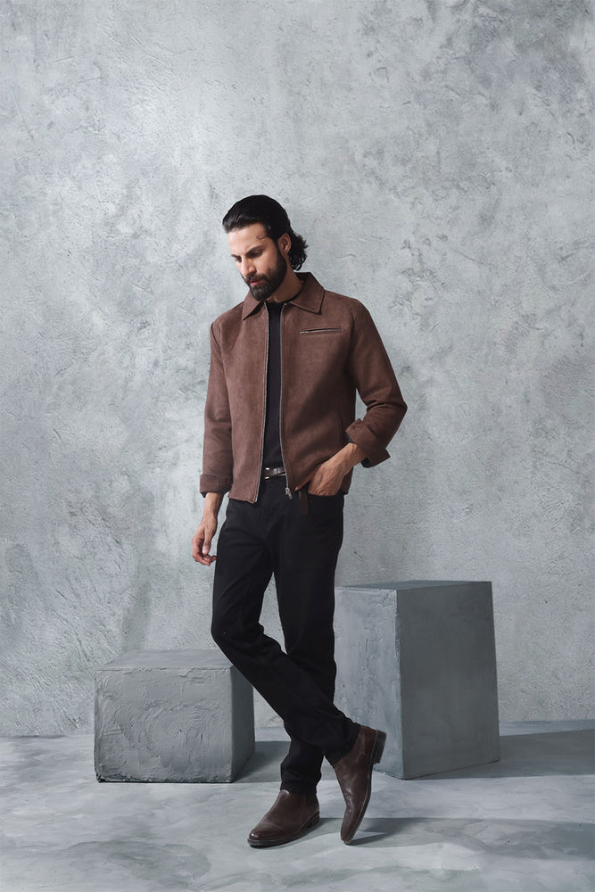 Brown Suede Zip Through Collared Shacket