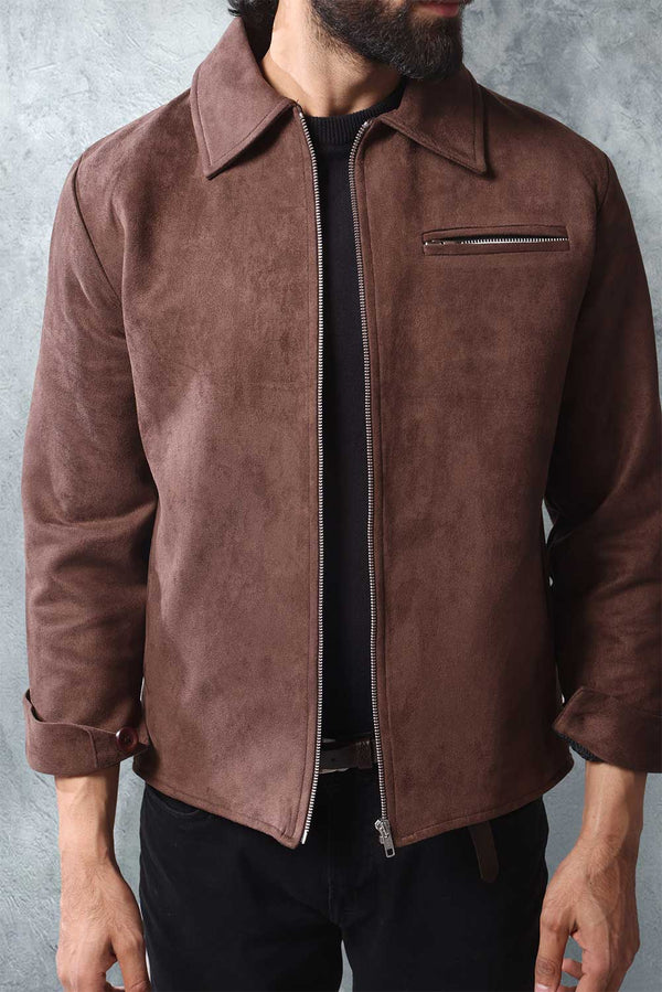Brown Suede Zip Through Collared Shacket