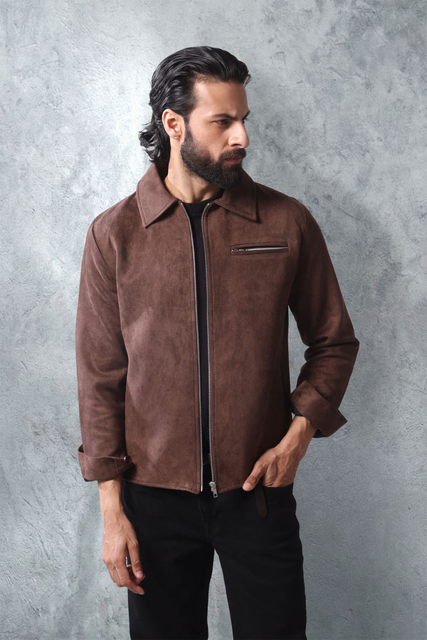 Brown Suede Zip Through Collared Shacket