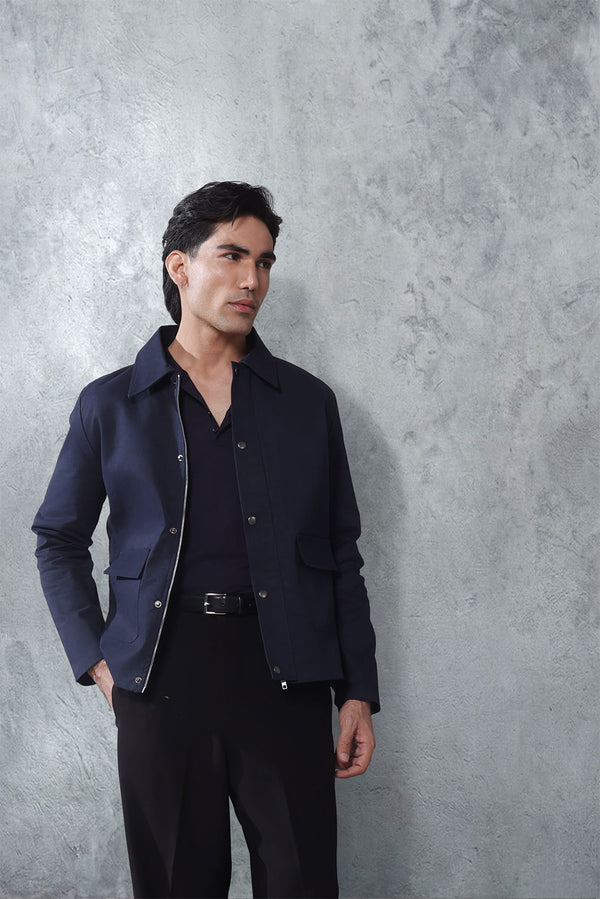 Navy Twill Regular Fit Jacket With Pockets