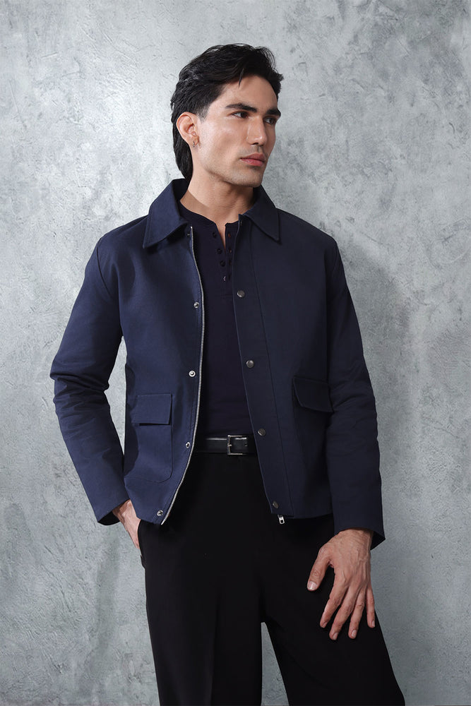 Navy Twill Regular Fit Jacket With Pockets