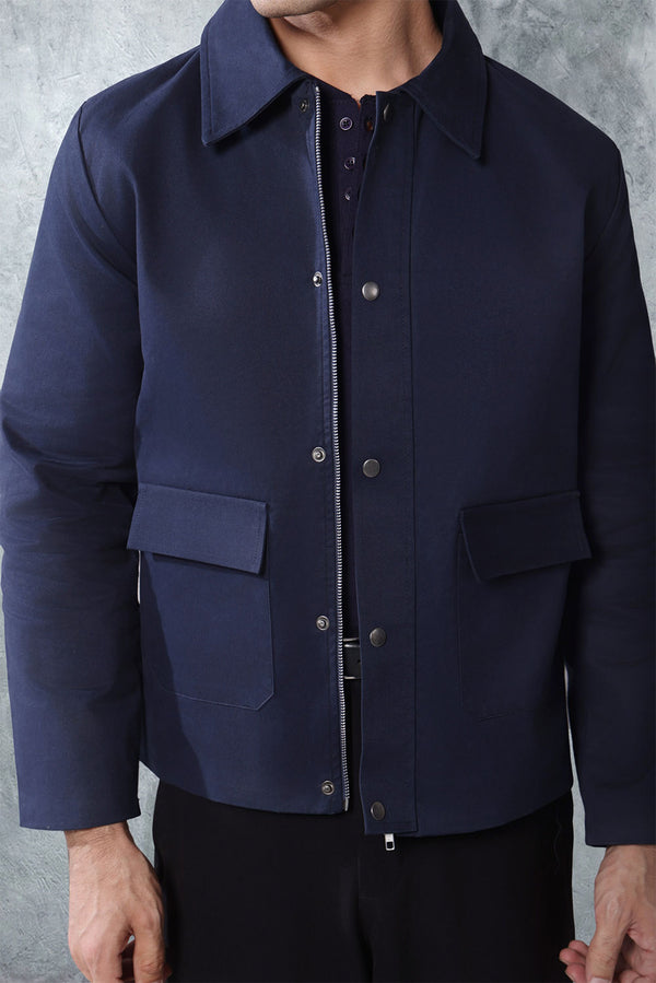 Navy Twill Regular Fit Jacket With Pockets
