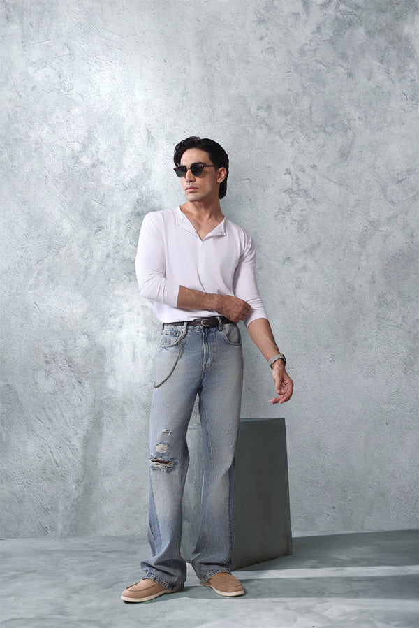 White Five Button Henley