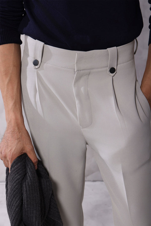 Premium Light Grey Pin Belt Flare Trousers