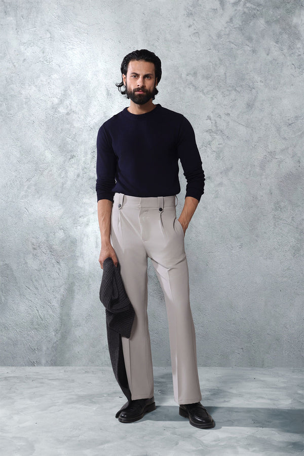 Premium Light Grey Pin Belt Flare Trousers