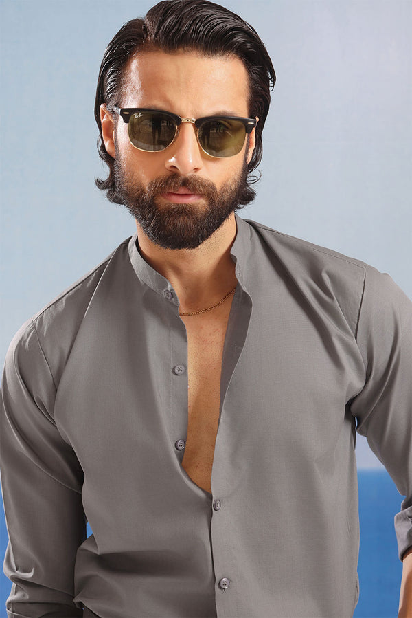 Dark Grey Cotton With Stand-Up Collar Shirt